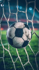 Naklejka premium Soccer Ball Stuck in Net Close Up at Stadium with Selective Focus and Vintage Tone