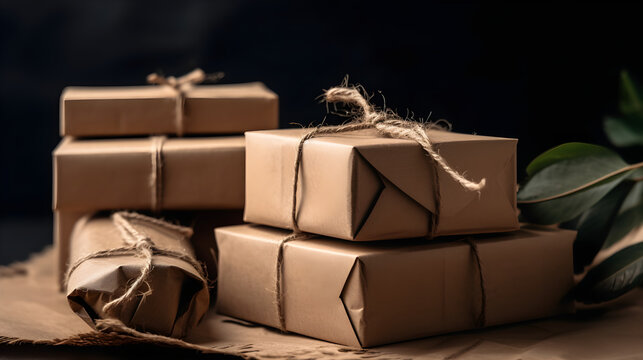 Rustic brown paper gift boxes tied with twine, eco-friendly sustainable packaging parcels, minimalist craft paper gift wrapping with natural string