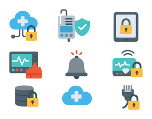 Hospital Cybersecurity Icons. Flat icon set of hospital device cybersecurity: hospital network lock, IV