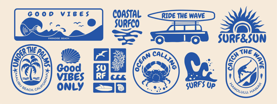 Retro surf club badge collection with ocean waves, palm trees, and tropical sun. Vintage vector emblems for t-shirt prints, beachwear design, summer logos, and coastal branding projects.