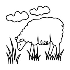 Black and white one line art sheep grazing grass under two clouds