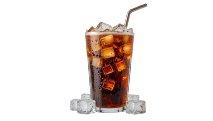 Glass of cola with ice cubes and metal straw on black background for refreshing beverage concept