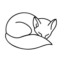 Black Line Art Sleeping Fox Curled Up with Tail animal