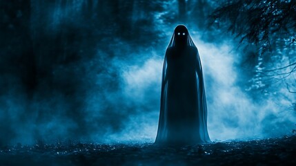 Spooky Ghost Figure with Glowing Eyes Standing in a Misty Forest, Ethereal Blue Tone