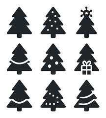 Fototapeta premium AI Christmas Tree Icons. Solid, filled icons set of AI Christmas tree icons: tree outline, pixel lights,