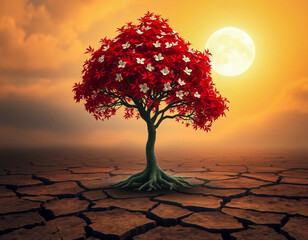 A bright red tree with white flowers grows on the cracked ground under the shining moon, representing contrast and resilience.