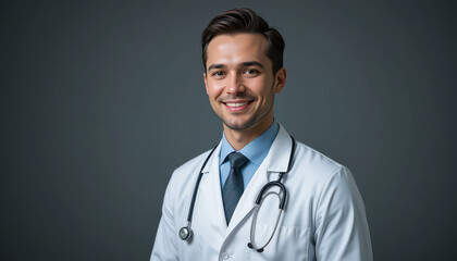 Portrait of a smiling young doctor in a white coat with stethoscope against a gray background studio shot