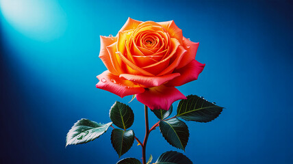 Red rose flower on blue background for love and romance
