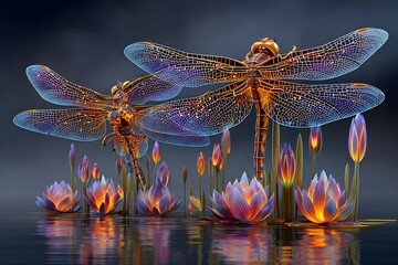 Glowing Dragonflies Flying Over Luminous
