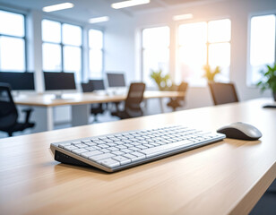 Fototapeta premium Modern Office Workspace with Keyboard and Mouse on Wooden Desk