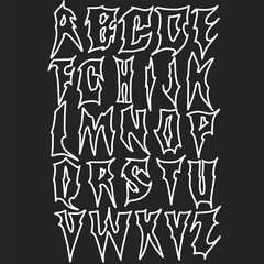 Tattoo-style alphabet font in Y2K rock design with thorns, vector template. Grunge Street Art style font alphabet. Death Metal, Rock, or Gothic style alphabet lettering for t-shirt prints and textile 