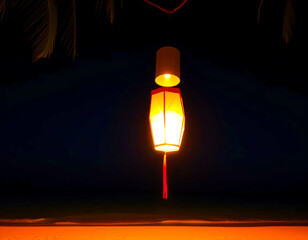 Glowing lantern hanging in the dark, casting a warm orange-red light in a minimal composition.
