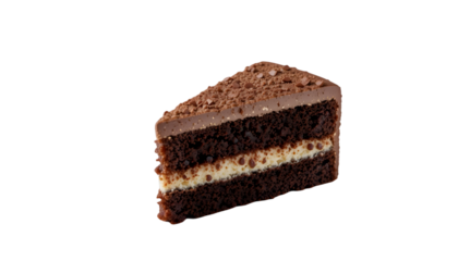 Slice of chocolate cake with cream filling and chocolate frosting on a black background isolated