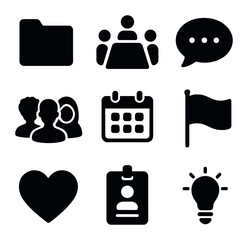 Employee Resource Icons. Solid, filled icons set of employee resource groups: folder icon, meeting table, chat