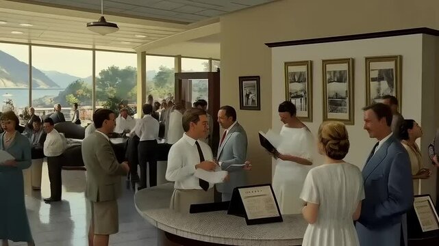 Busy Hotel Reception Area with Guests and Beautiful View Backdrop