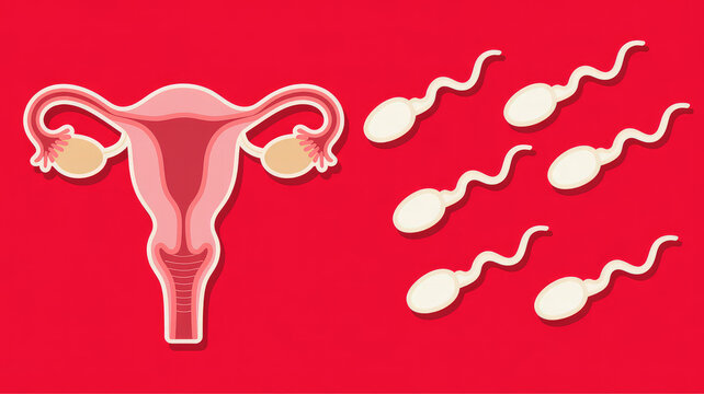 Human Reproduction: A stylized illustration depicting human sperm cells approaching a uterus, set against a vibrant backdrop.