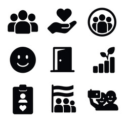 Inclusive Icons Grid. Solid, filled icons set of inclusive company culture: team icon, heart hand, community