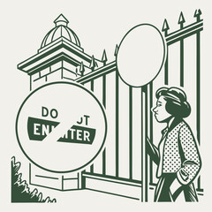 Woman encounters a do not enter sign at a closed gate of a building