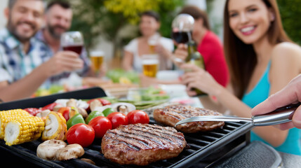 a man and woman are enjoying a meal on a grill with a glass of wine and a plate of food