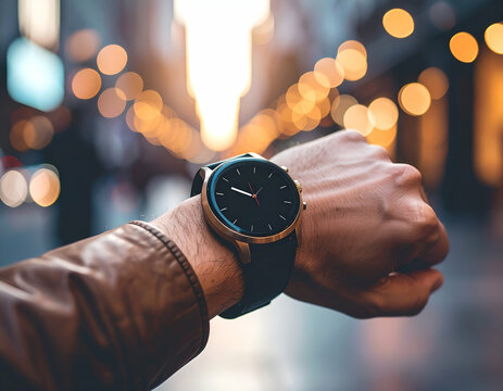 Person Checking a Wristwatch in a City at Dusk