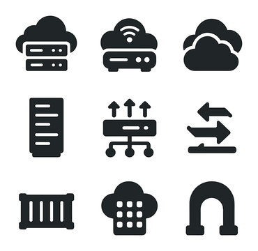 Cloud Infrastructure Icons. Solid, filled icons set of cloud infrastructure: cloud server, edge device, hybrid