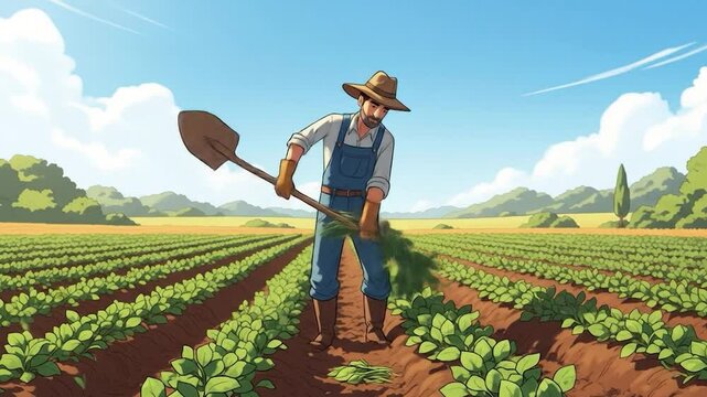Animated Farmer Tending Crops in Field with Shovel, Under Blue Sky and Clouds