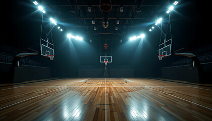 Empty basketball court with hoops bathed in illuminated spotlights through polished wooden floor