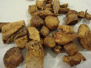 Dry slices of Polygonatum sibiricum root for herbal medical use in East Asia