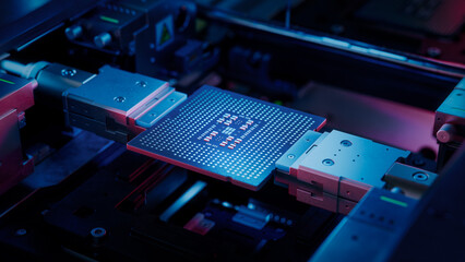 Computer Chip illuminated with Blue Light in Industrial Environment. Microchip on Conveyor Line...