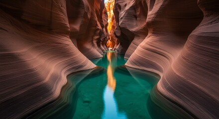 Stunning turquoise pool in a sandstone slot canyon.
