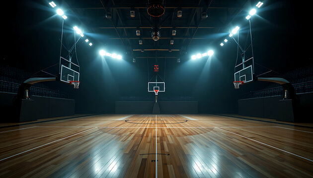 Empty basketball court with hoops bathed in illuminated spotlights through polished wooden floor