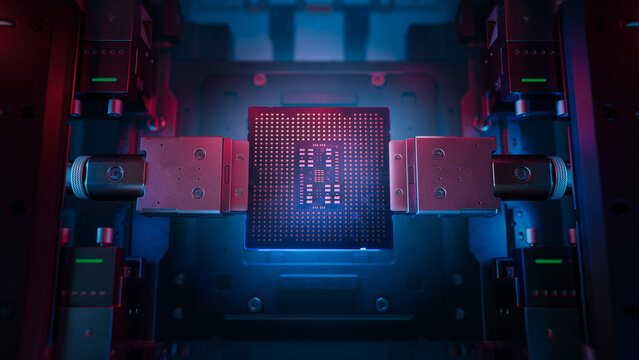 Top View of Computer Chip illuminated with Red Light in Industrial Environment. Microchip on Conveyor Line during Production and Packaging Process on Semiconductor Fab. Processor at Engineering Lab