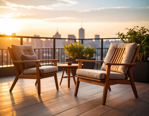 Fototapeta premium Sunrise City View from Rooftop Deck with Wooden Chairs