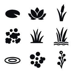 Aquatic Plant Icons. Solid, filled icons set of aquatic plants: lily pad, lotus flower, cattail, floating