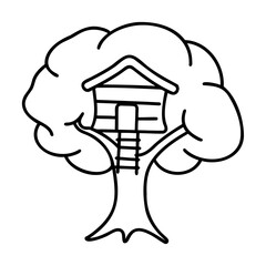 Black line art treehouse illustration on white background