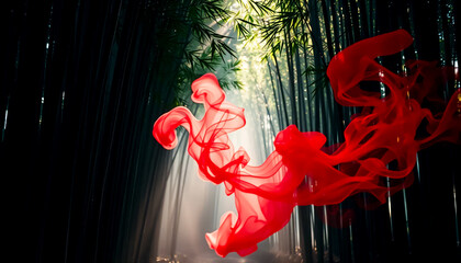 Red smoke swirling in a bamboo forest with light beams, evoking a surreal and mystical atmosphere.