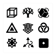 Cosmic Geometry Icons. Solid, filled icons set of cosmic geometry: tesseract, fractal tree, spinning cube,