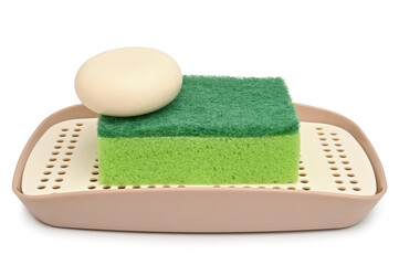 Plastic soap dish with sponge and soap
