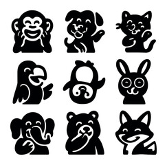 Fototapeta premium Funny Animal Icons. Solid, filled icons set of funny animals: giggling monkey, silly dog, dancing cat,