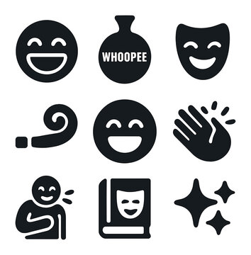 Laughter Icons Grid. Solid, filled icons set of levity and laughter: laughing face, whoopee cushion, comedy