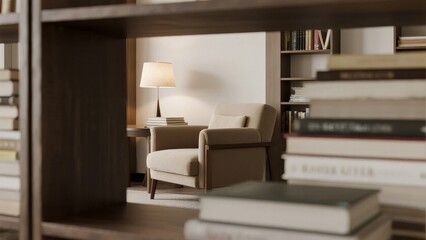 Cozy reading nook with armchair, lamp, and bookshelves filled with books.