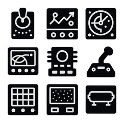 Cosmic Control Icons. Solid, filled icons set of cosmic control rooms: rotary switchboard, neon schematic,