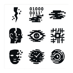 Glitch Icon Grid. Solid, filled icons set of glitch future: data crack, binary trail, pixel smear, broken face