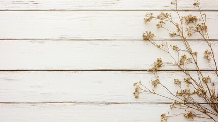 Intimate wedding and dinner concept. White wooden background with dried flowers on the side.