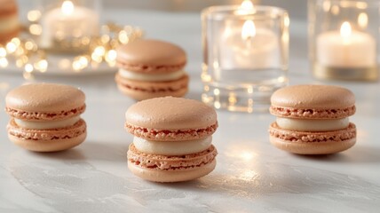 Obraz premium Intimate wedding and dinner concept. Delicious macarons with soft lighting and candles in the background.