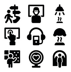 Interactive Museum Icons. Solid, filled icons set of experiential museums: guided path, digital exhibit,