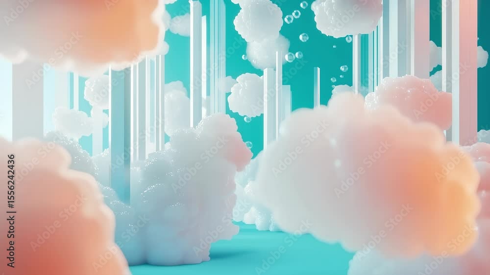 Poster abstract dreamy background animation featuring floating clouds and pillars