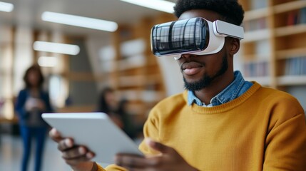 Student using tablet and AR headset in a modern digital school