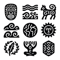 Obraz premium Tribal Icon Grid. Solid, filled icons set of tribal psychedelic art: mask icon, spirit lines, animal symbols,