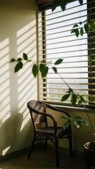 Sunlit Corner with Wicker Chair and Greenery Near Window